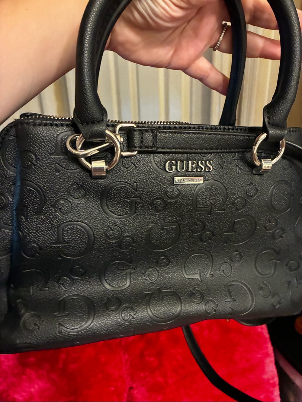 GUESS Black Embossed Logo Satchel with Silver Hardware